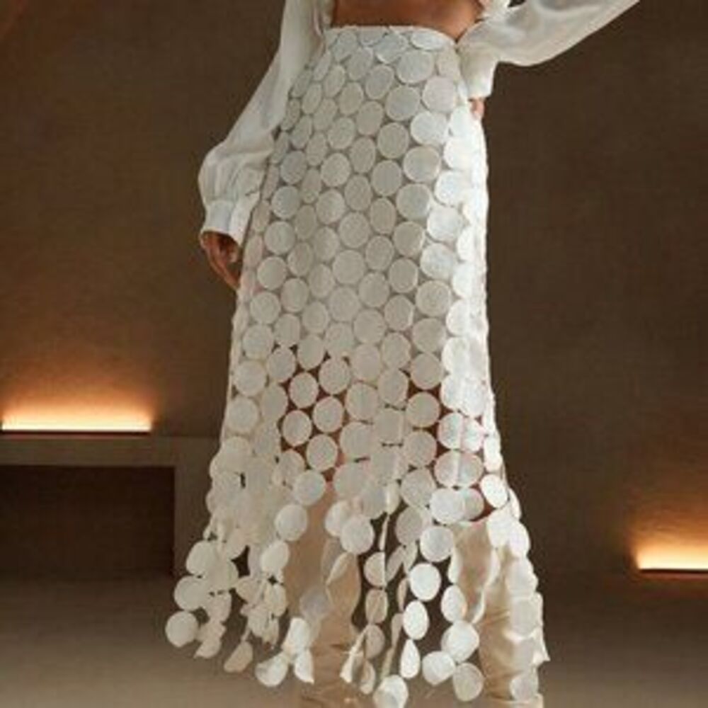 White Casual Women's Laser Cut Multi Circle Double Layered Skirt - Picture 1 of 5